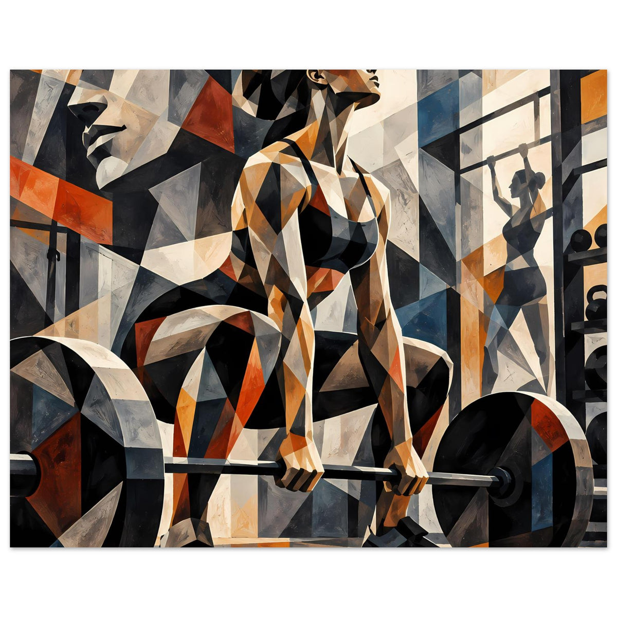 Gerahmtes Fitness-Poster: abstrakte Athletin stemmt Hantel, diagonale geometrische Formen