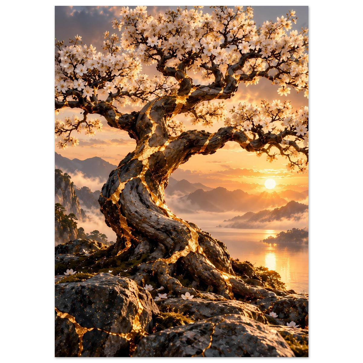 Kunstposter mit blühenden Zweigen, dunkler Baumrinde und goldener Lichtstimmung