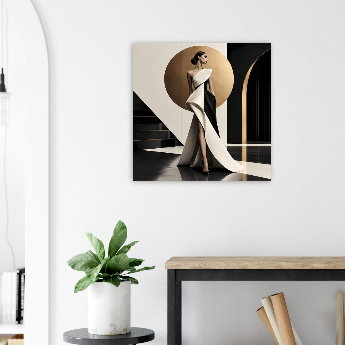 Gerahemtes Fashion-Poster mit Frau in schwarzem Look und weißem Tuch, beiger Kreis im Quadrat