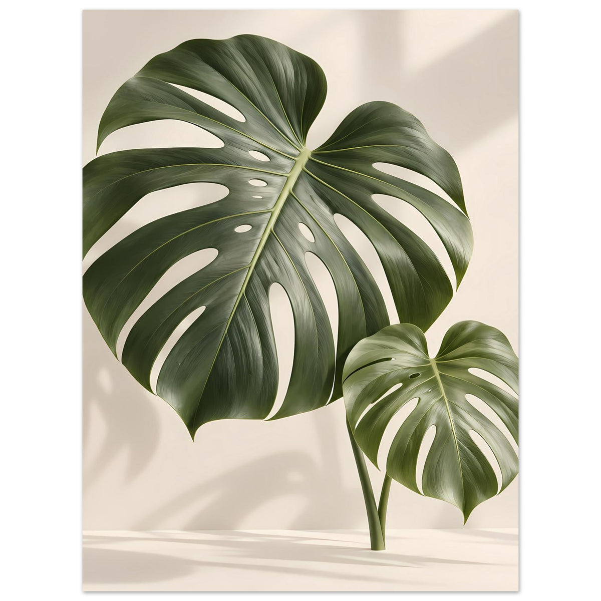 Poster mit Monstera-Blättern, zwei Blätter im Bild: groß links, kleiner rechts