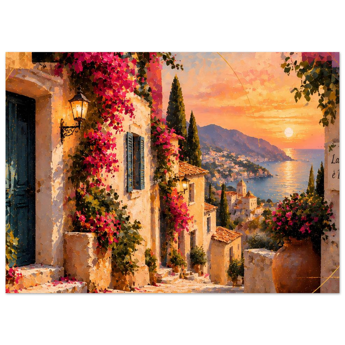 Mediterranes Sonnenuntergangs-Poster mit blühenden Fassaden und Bucht, horizontal, matt