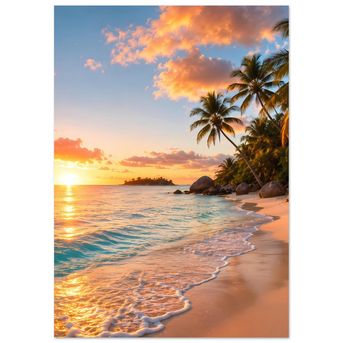 Vertikales Poster mit Sandstrand, Palmen am Rand und Sonnenuntergang im Meer