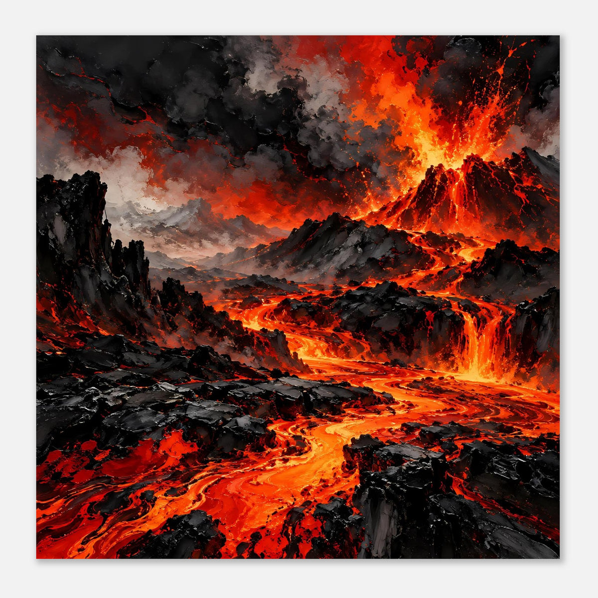 Vulkan-Ausbruch-Poster mit schwarzem Gestein, Lavaflüssen und Feuerwolken in Orange und Rot