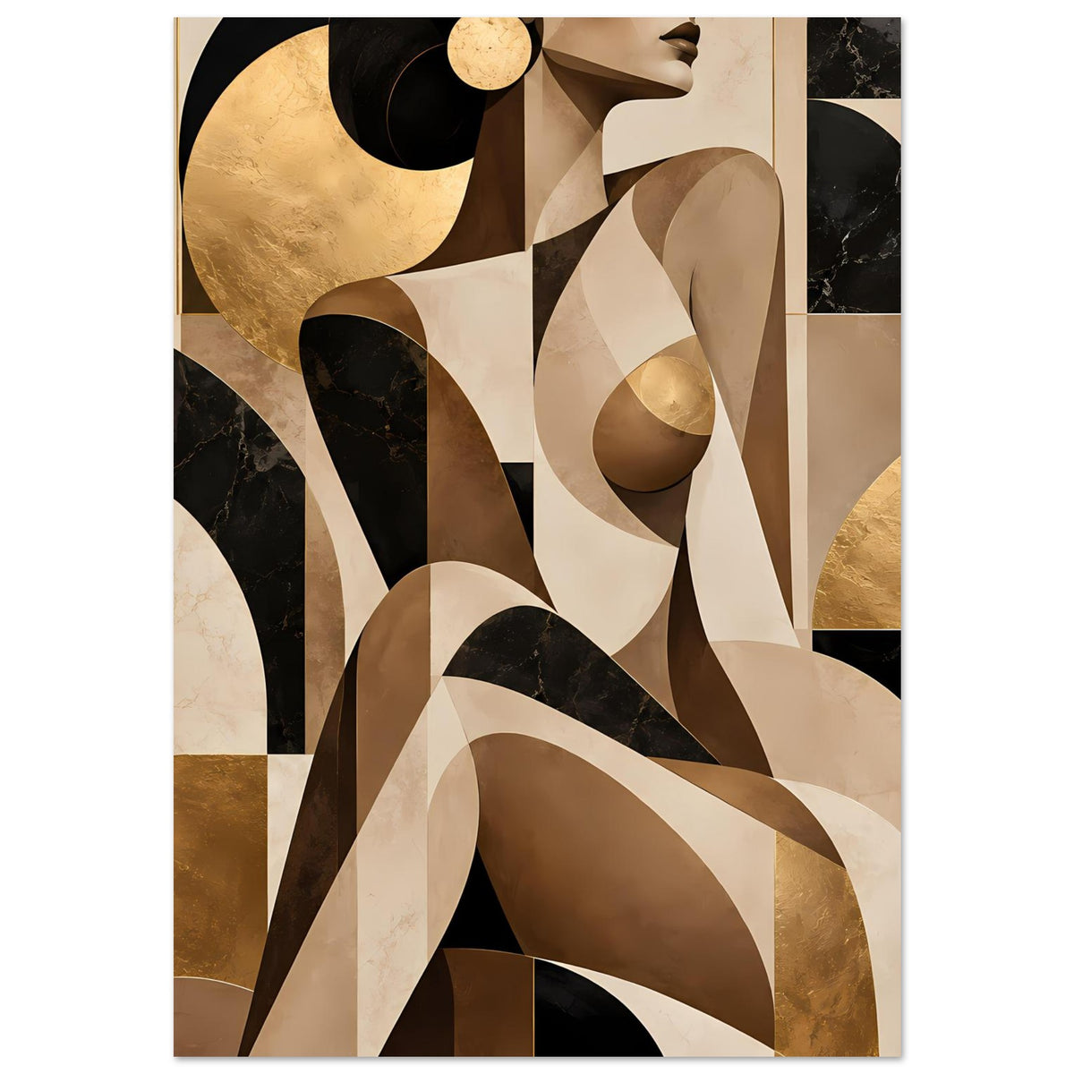 Abstraktes Kunstposter im Hochformat mit Goldflächen, beigen Kurven und dunklen Akzenten