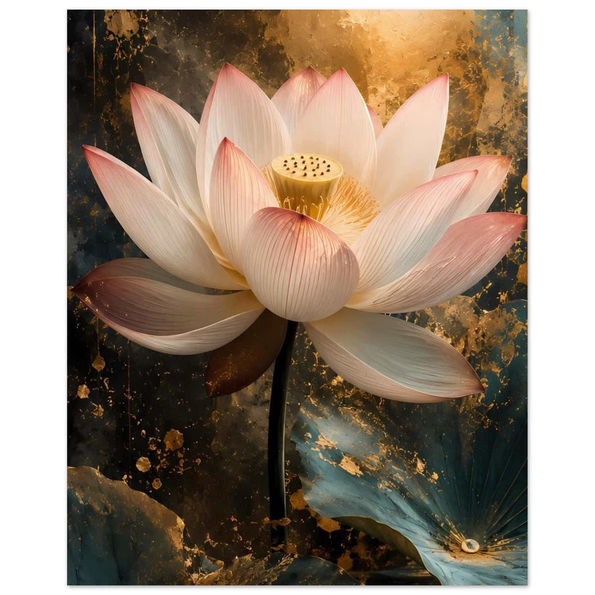 Lotusblüten-Poster mit weiß-rosa Blüten und goldenem Kelch, detaillierte Blütenmitte