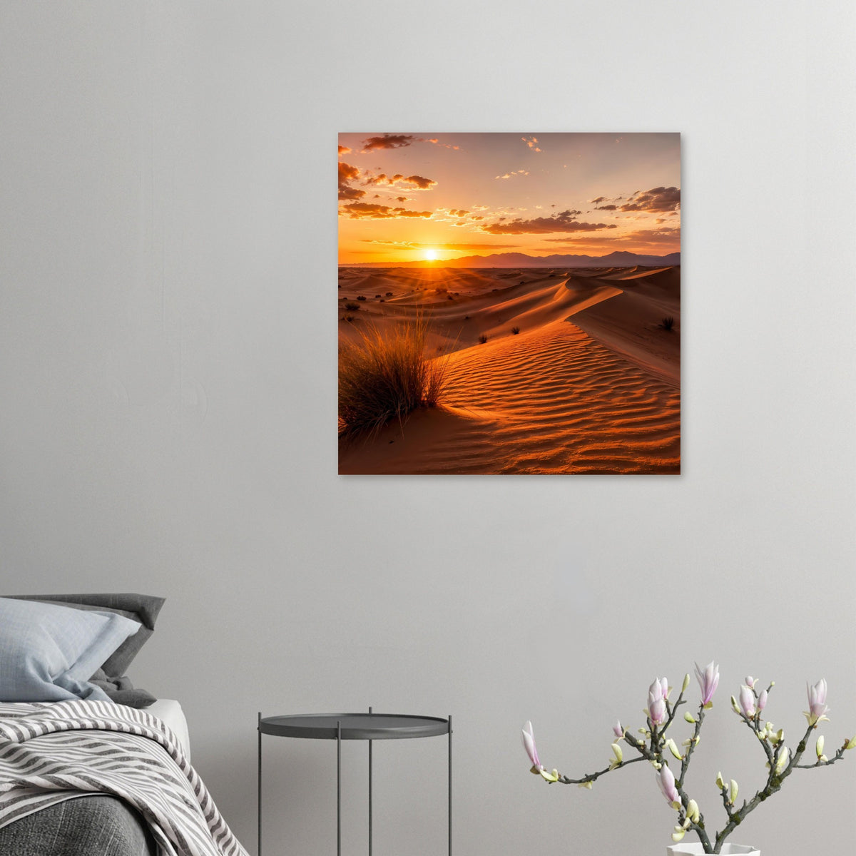 Kleines quadratisches Wüstenlandschafts-Poster mit Dünen und Sonnenuntergang