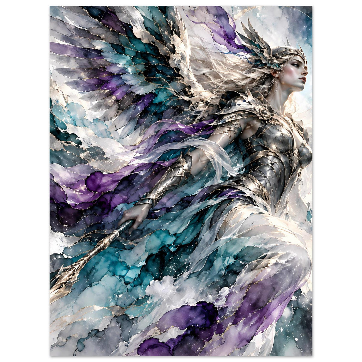 Fantasy-Poster: Engelkrieger in silberner Rüstung, Flügel in türkis, blau und violett