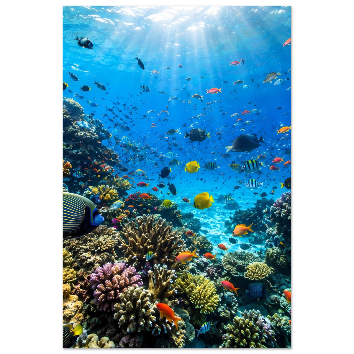 Korallenriff-Poster im Hochformat: Unterwasserwelt mit Korallenriff und bunten Fischen.
