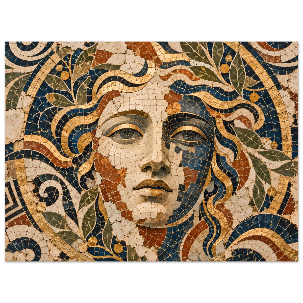 Nahansicht des Poster-Mosaiks: Augen, Gesicht und Haarornamente in Blau, Grün und Braun
