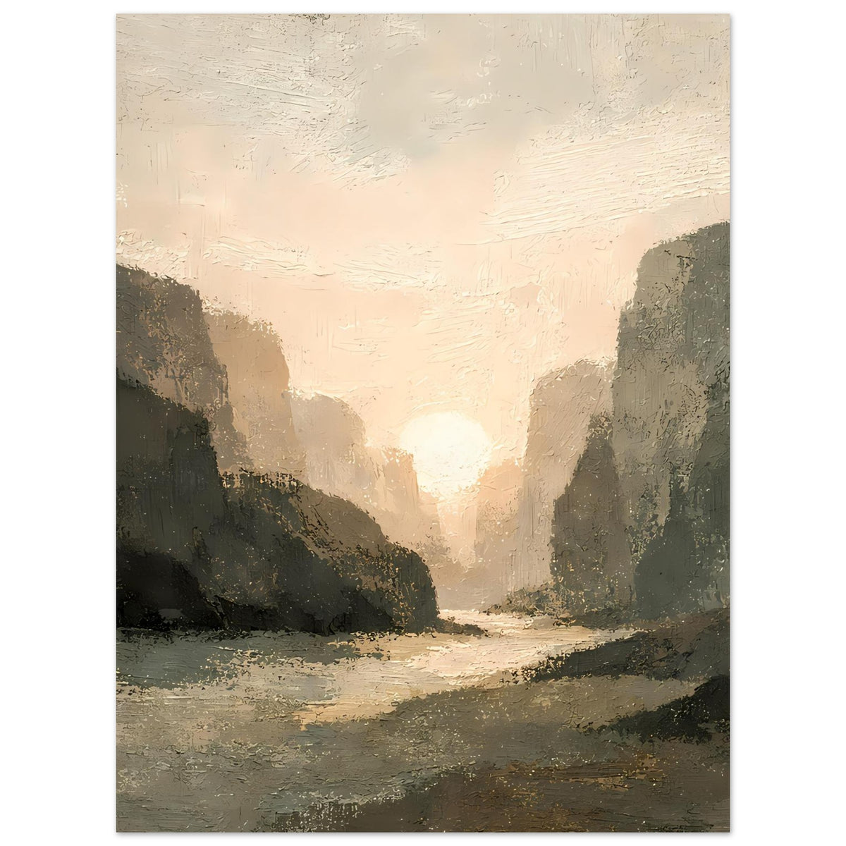 Vertikales Poster mit Sonnenaufgang im Canyon, warme Beige- und Grautöne.