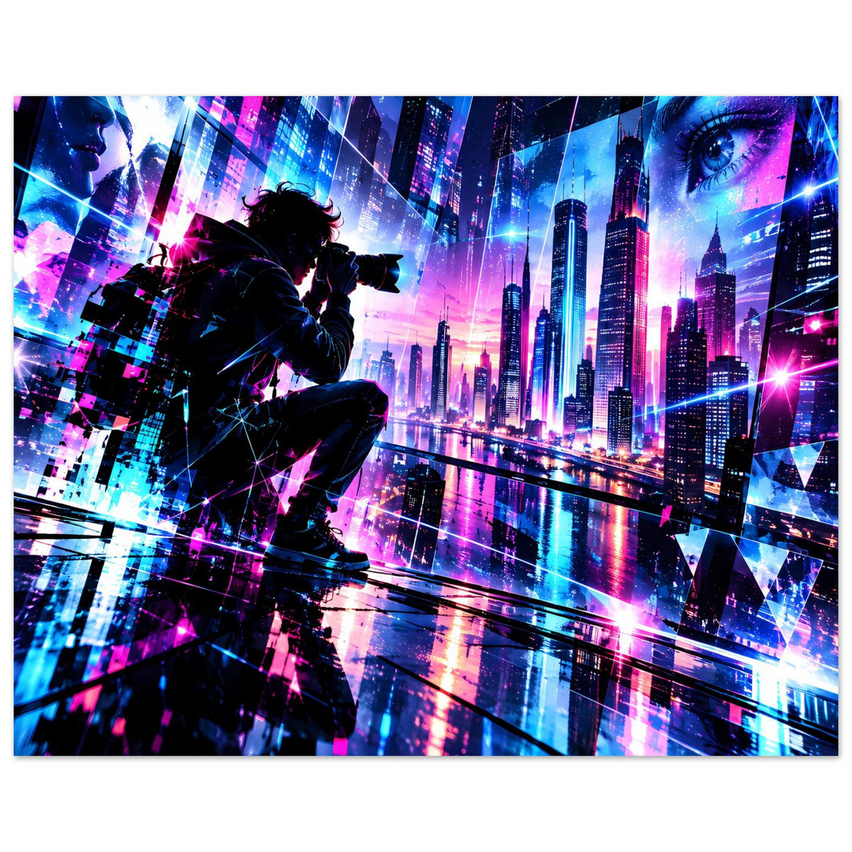Neon-Cyberpunk-Stadtposter mit Silhouette am Vorderrand und leuchtendem Skyline-Panorama