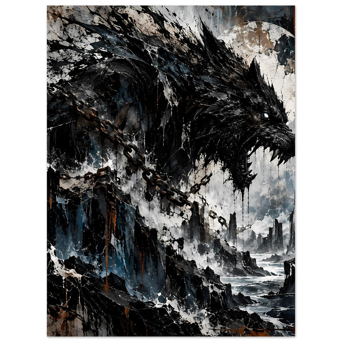 Dunkles Wolfskopf-Poster mit Kettenmotiv, Ruinenlandschaft und Meer in gedeckten Blau- und Schwarztönen
