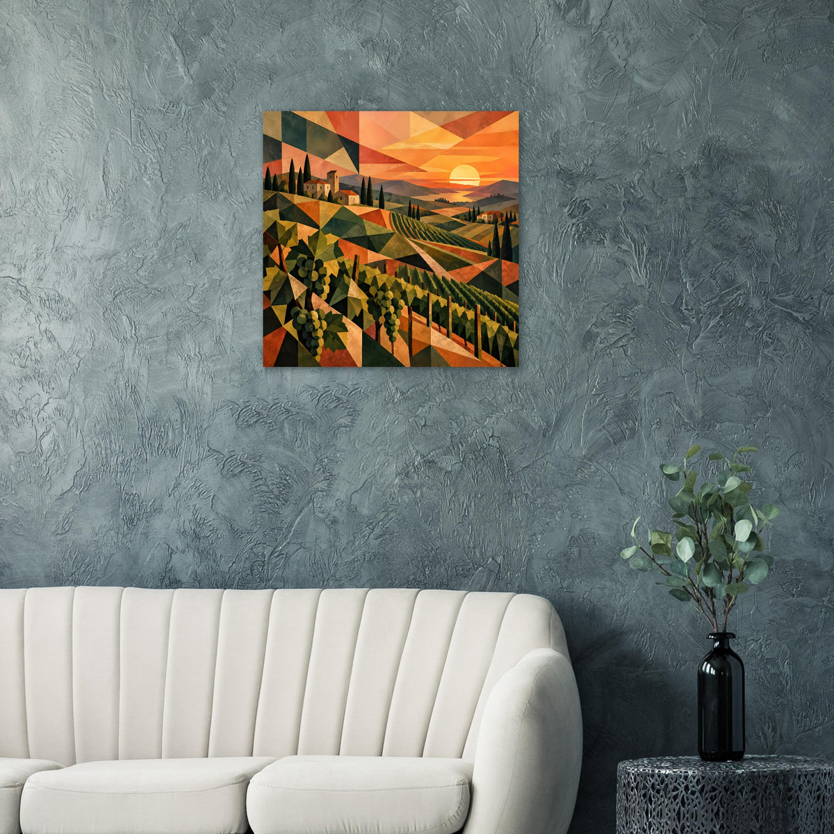 Poster mit Weinreben und Sonnenuntergang, orangefarbene Sonne, abstrakte Geometrie