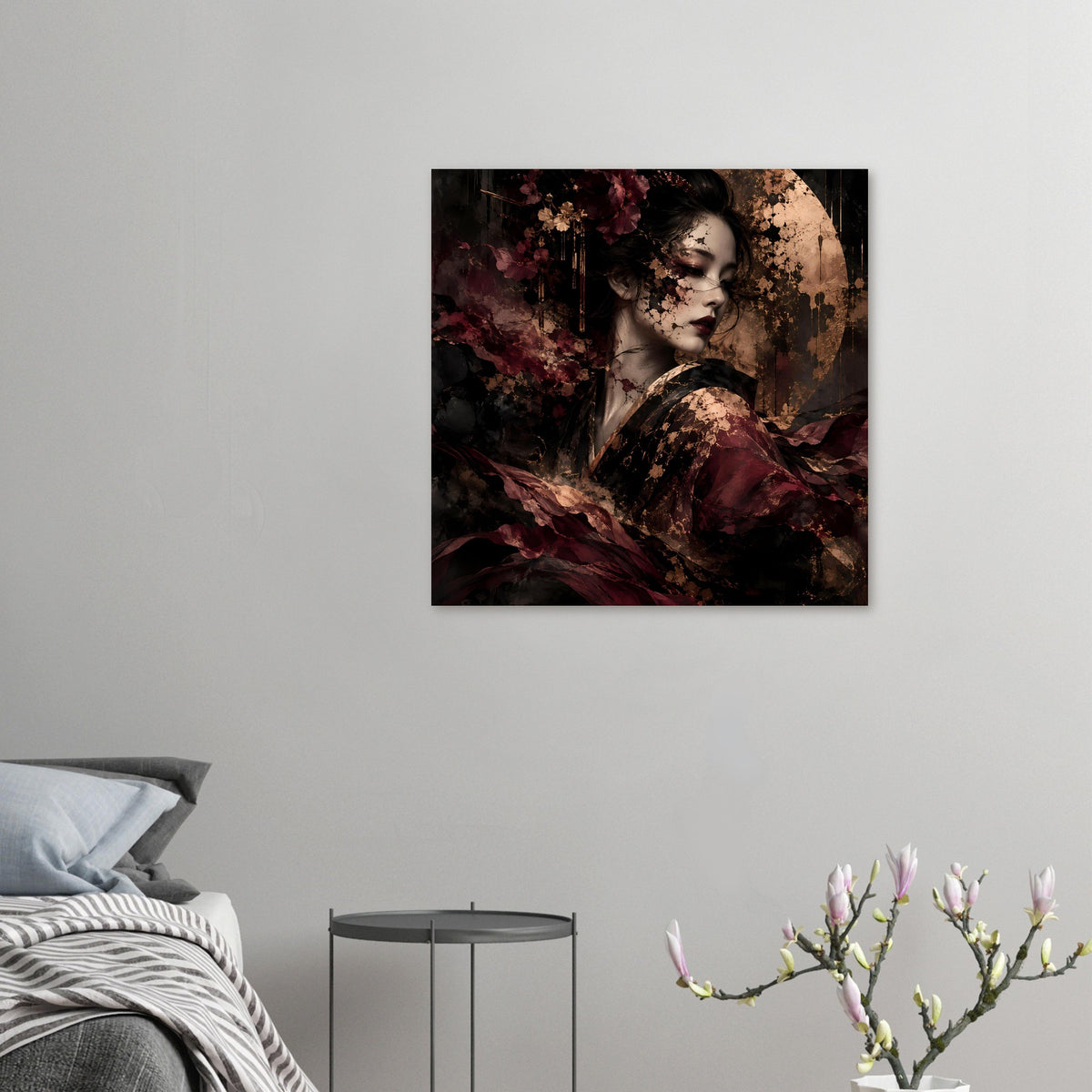 Quadratisches Kunstposter mit abstraktem Frauenporträt in Bordeaux, Schwarz und Gold