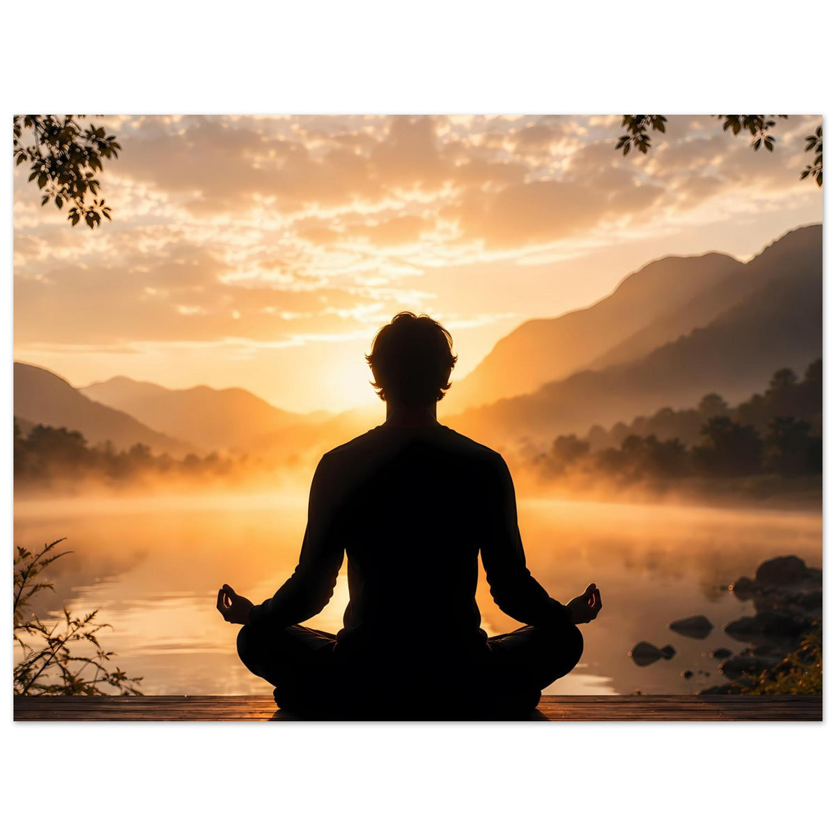Zen-Meditationsposter: Lotussitzfigur vor Wasser und Hügeln, Sonnenaufgang im warmen Licht.