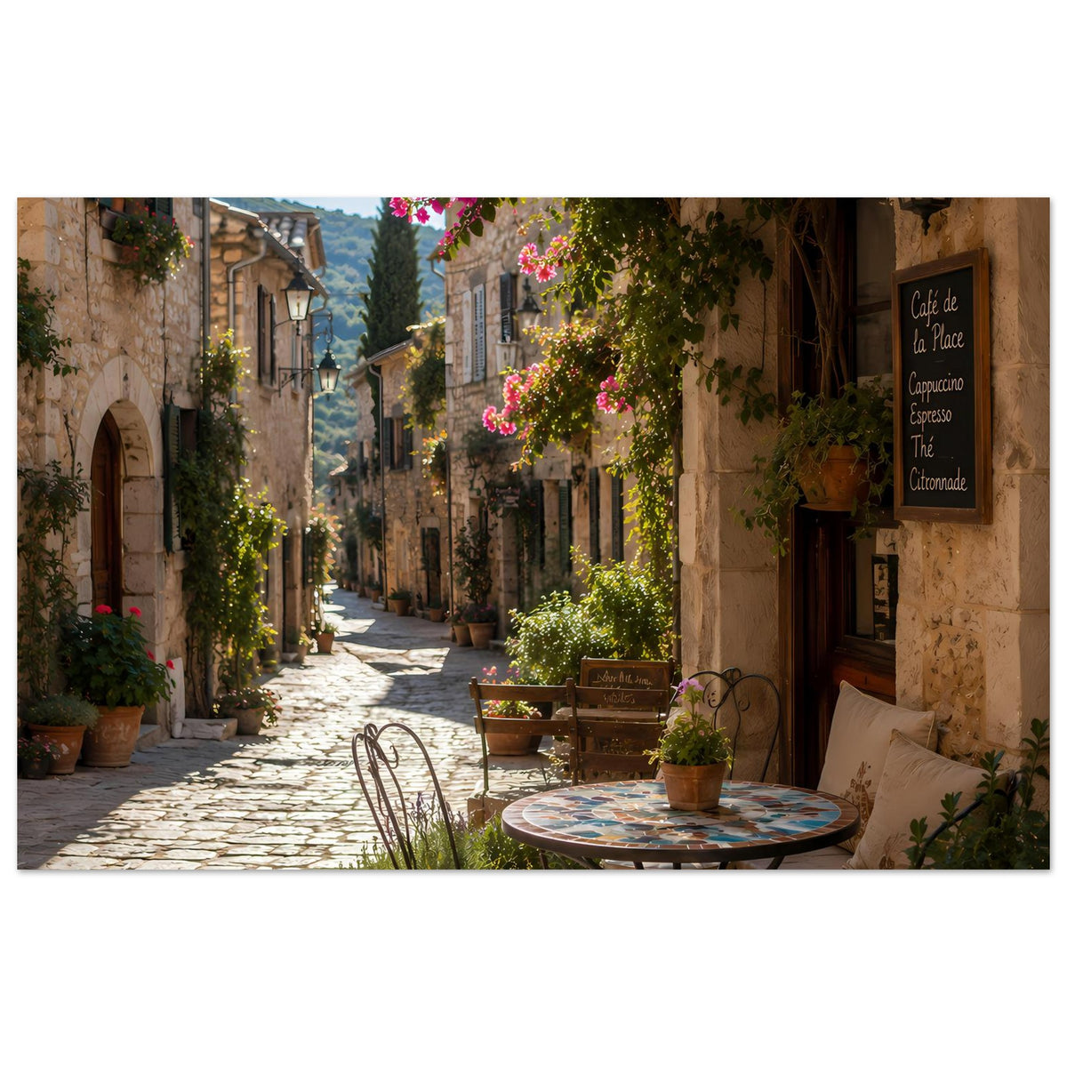 Poster mit sonniger Café-Straßenszene in einer alten Steingasse