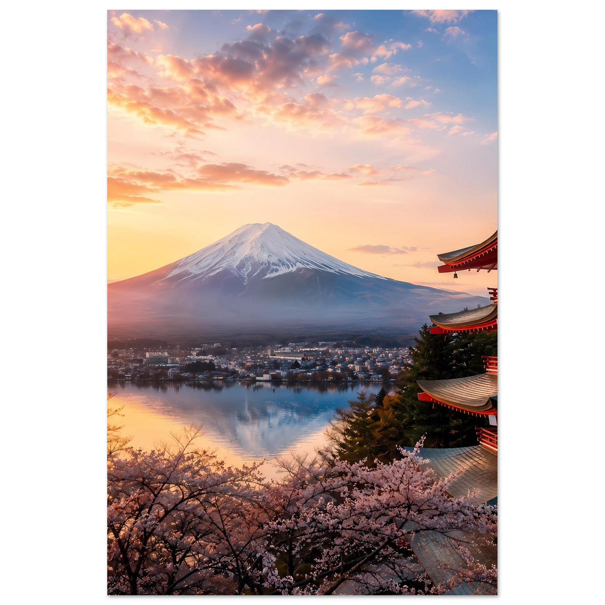 Japanisches Landschaftsposter mit Fuji, Kirschblüten und Tempel am Ufer bei Sonnenuntergang