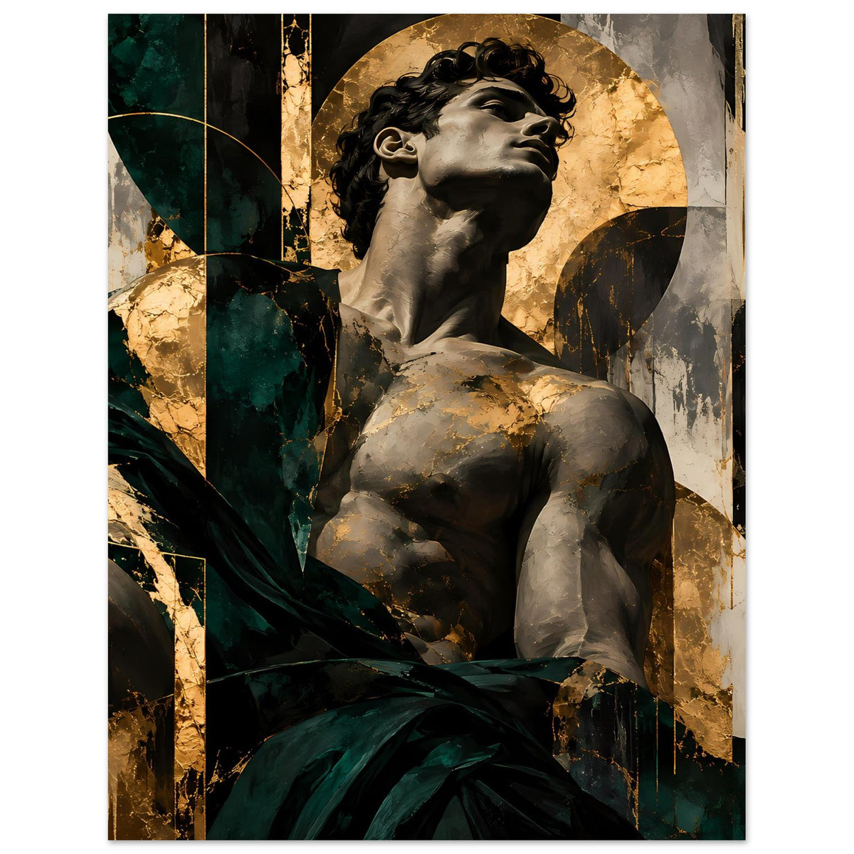 Kunstposter mit sitzender Statue, silbergrauer Körper, dunkles Grün, goldene Ornamente