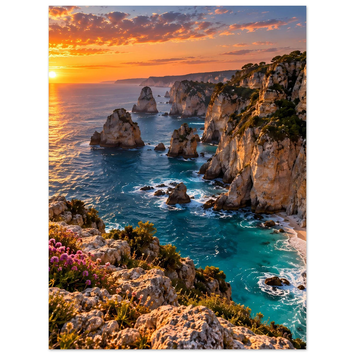 Küstenposter mit Sonnenuntergang, Steilküste, türkisfarbenem Meer und Felsen