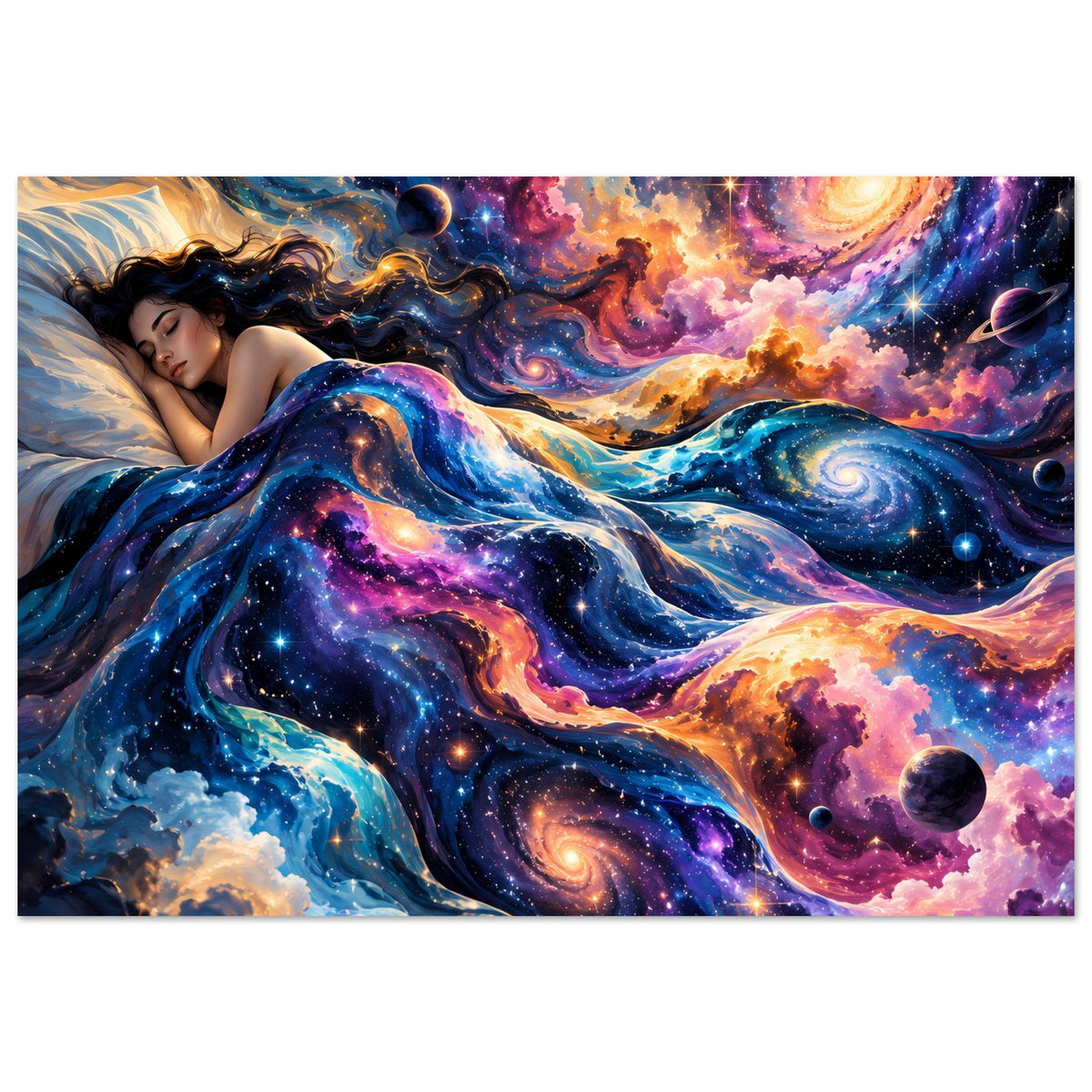 Galaxie-Poster im Querformat: Frau liegt in bunten Galaxiewellen, mehrere Planeten und Sterne