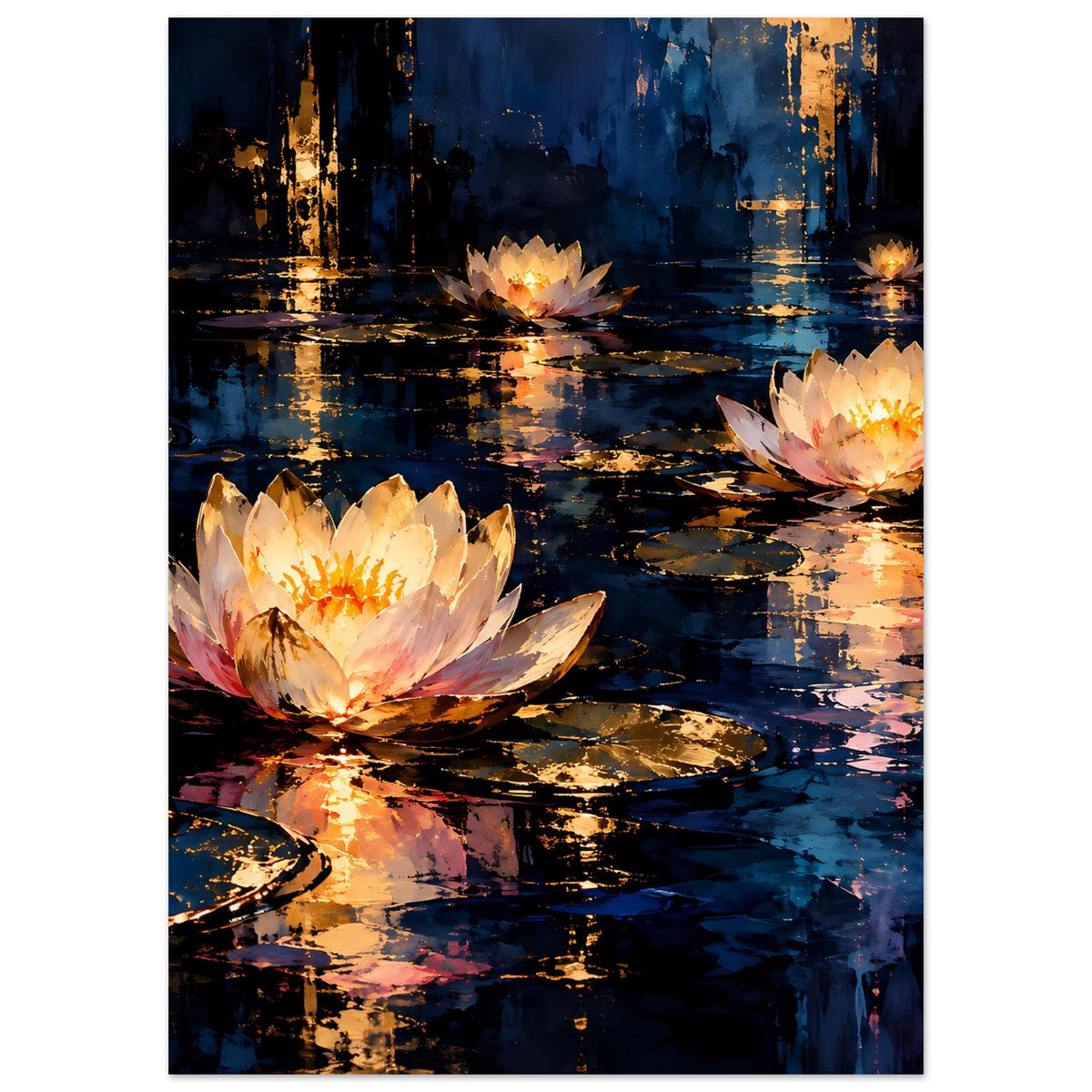 Blumenposter mit Seerosenblüten und goldenen Lichtspuren, im Tiefblau-Farbton