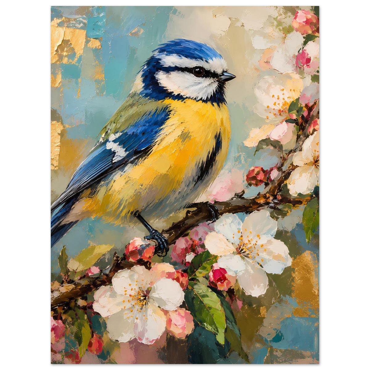 Vogelkunst-Poster: blaue Kohlmeise auf Ast mit weißen und rosa Frühlingsblüten