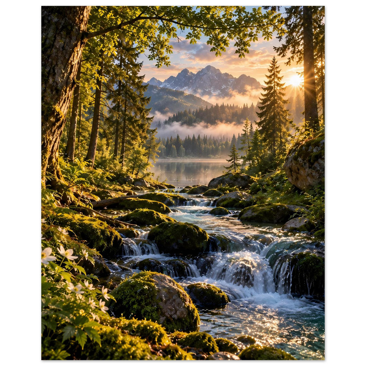 Poster mit Wasserfall, Moos auf Fels, Tannenwald und Nebel über dem See