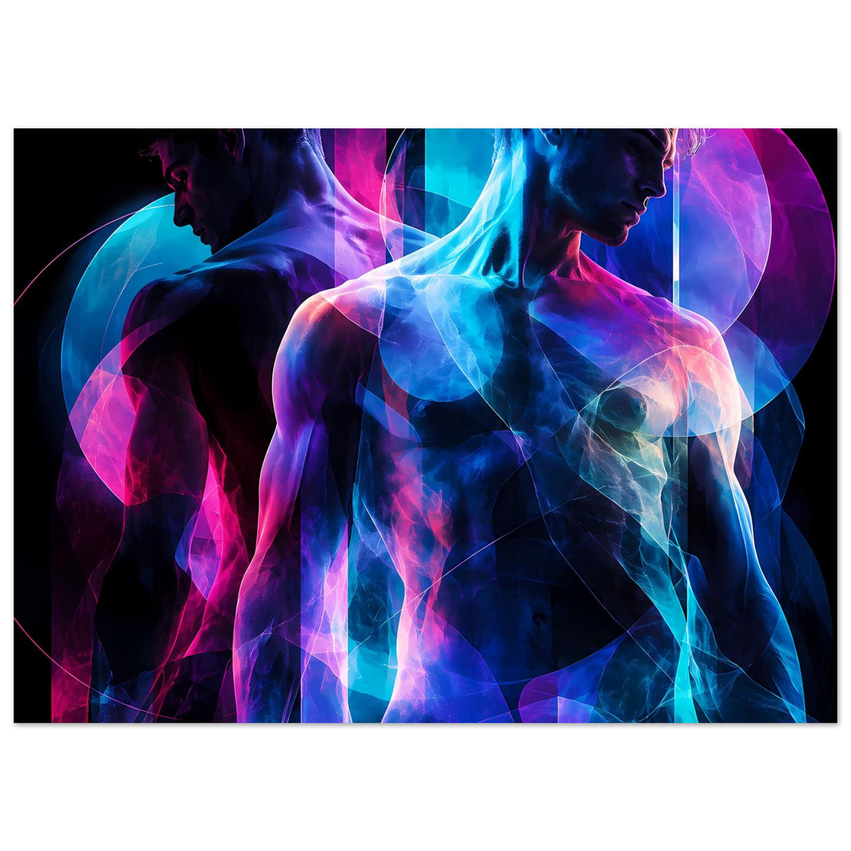 Neon-Kunstposter im Querformat mit zwei Silhouetten in Blau und Pink, neonfarbene Formen