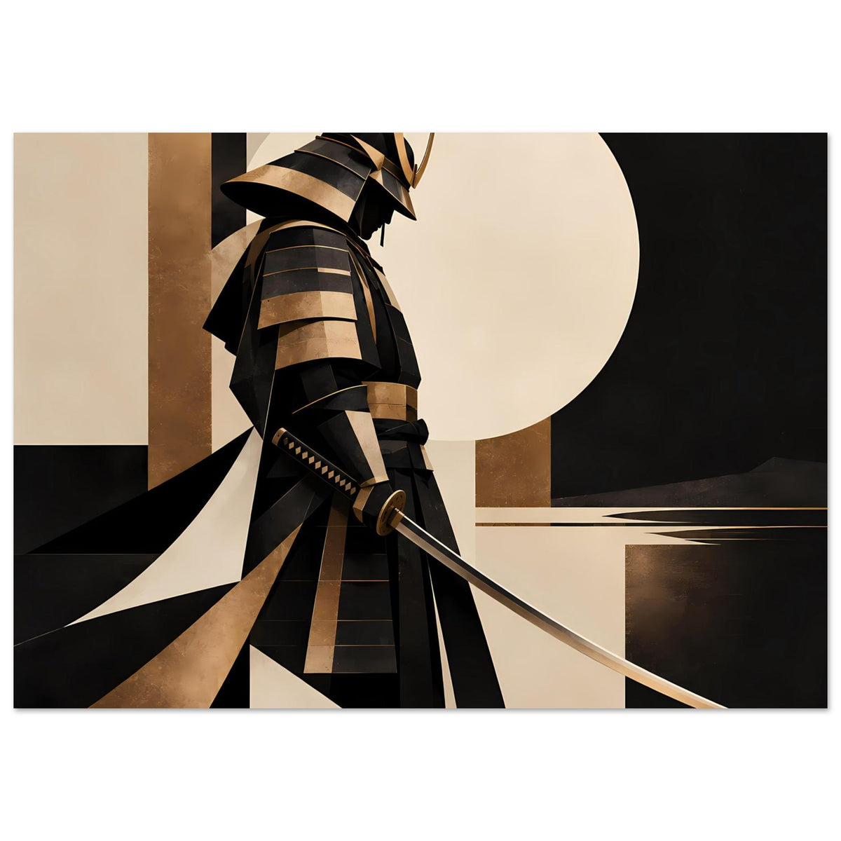 Kunstposter mit Samurai-Silhouette in Schwarz, Gold und beigen geometrischen Formen