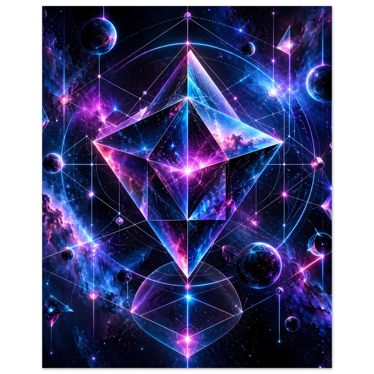 Vertikales Cosmos-Geometrieposter: leuchtender Diamantstern in lila-blauer Raumgrafik