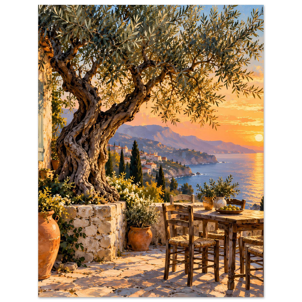 Sonnenuntergangs-Poster mit Olivenbaumzweigen, Küstenlinie, Sonnenlicht und Terrasse