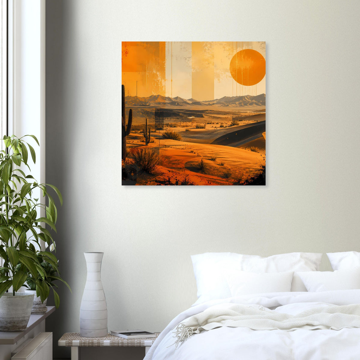 Kleines Wüstenposter: Kakteen, Sanddünen und orangefarbene Sonne