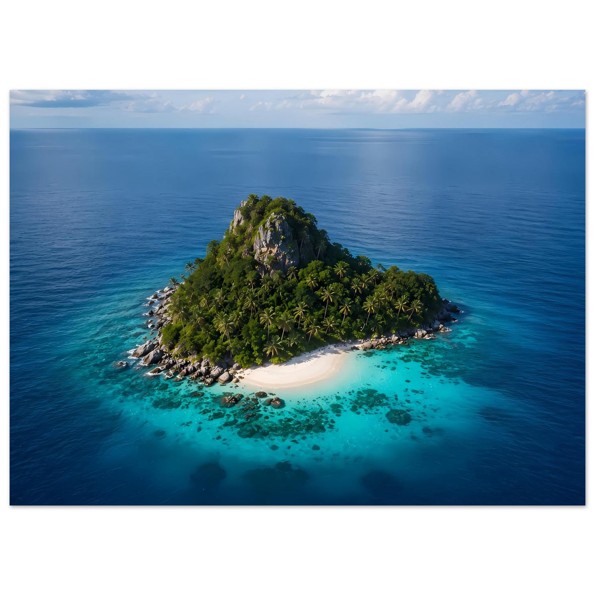 Poster mit tropischer Insel im Meer, grüne Insel mit Sandstrand, querformat