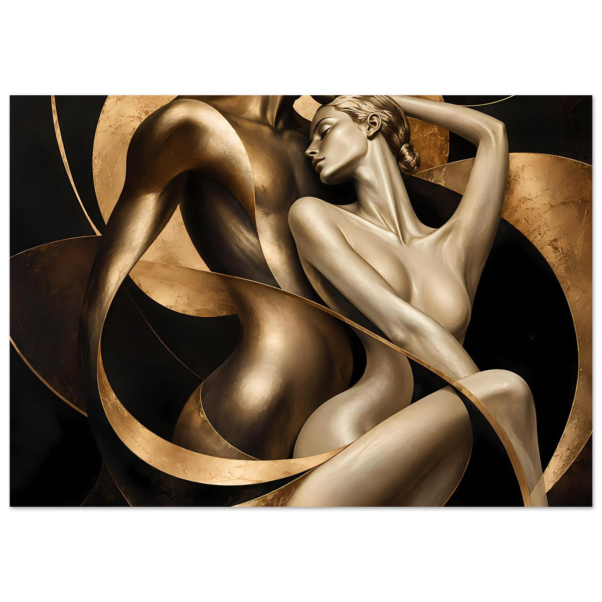Kunstposter mit goldenen Bronzefiguren zweier Akte und gebogenem Bandornament