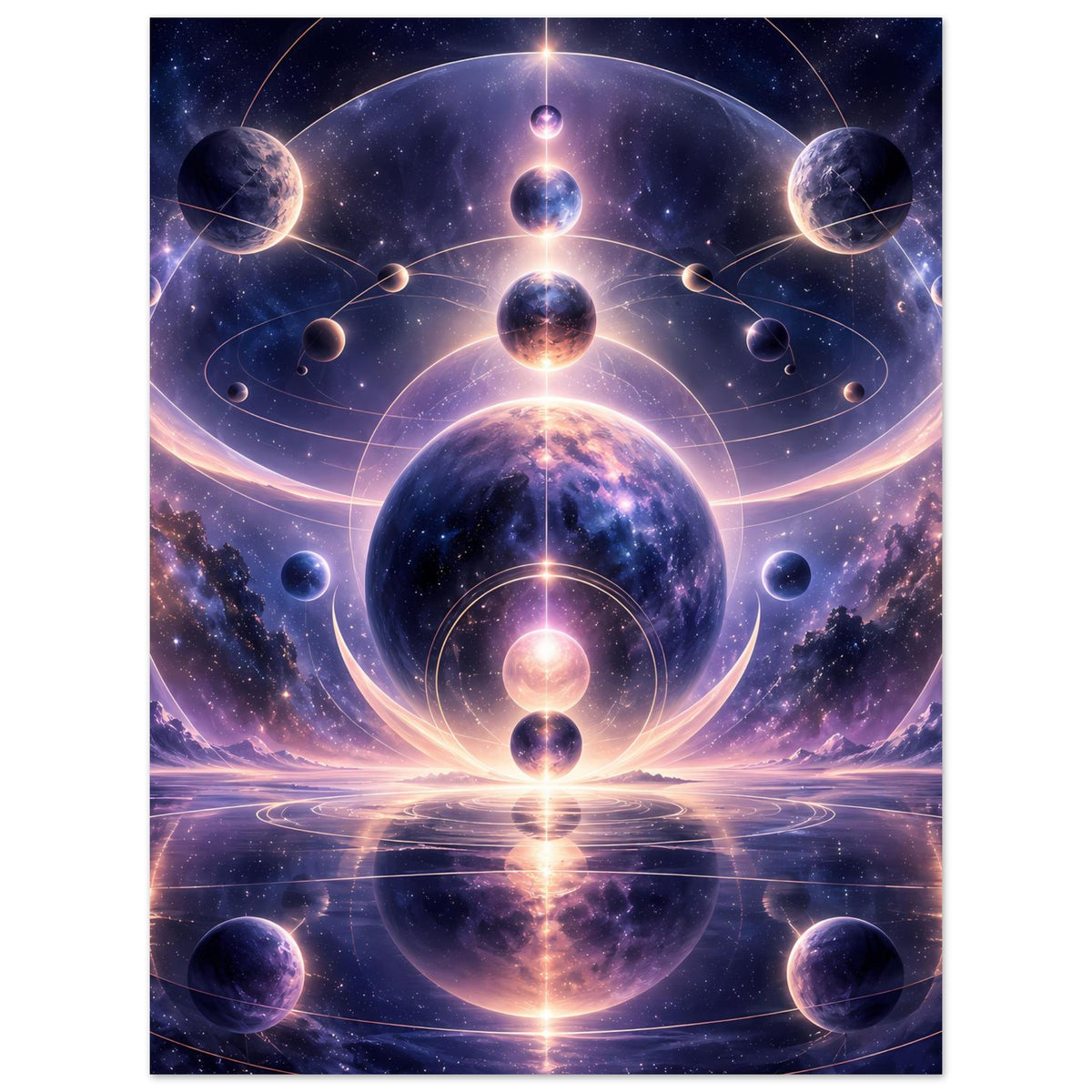 Poster mit kosmischem Design: Planeten, Kreise und leuchtender Spiegelung, schlicht gerahmt.
