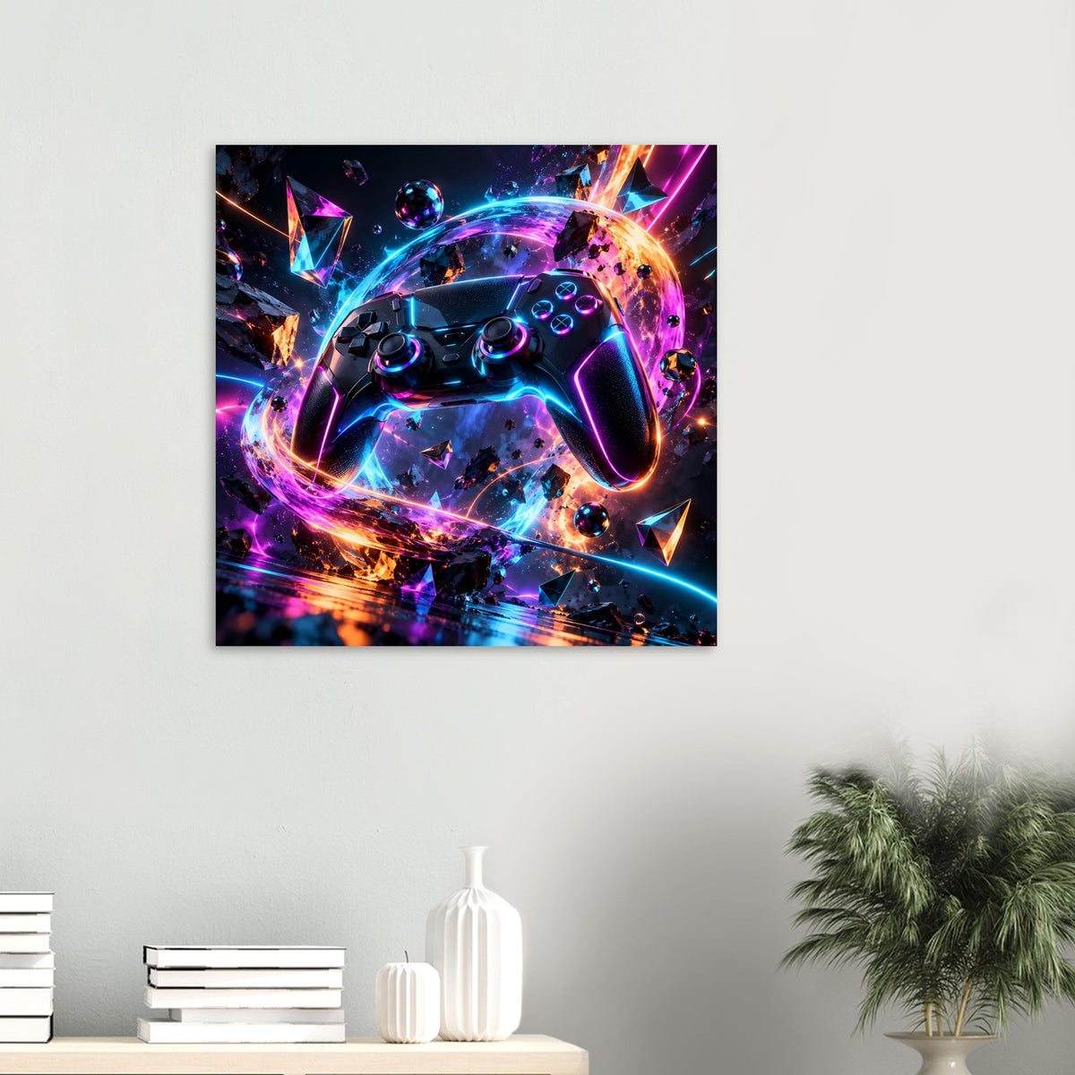 Kleines Neon-Poster mit Gaming-Controller-Motiv, violett-blau-orange Leuchteffekte