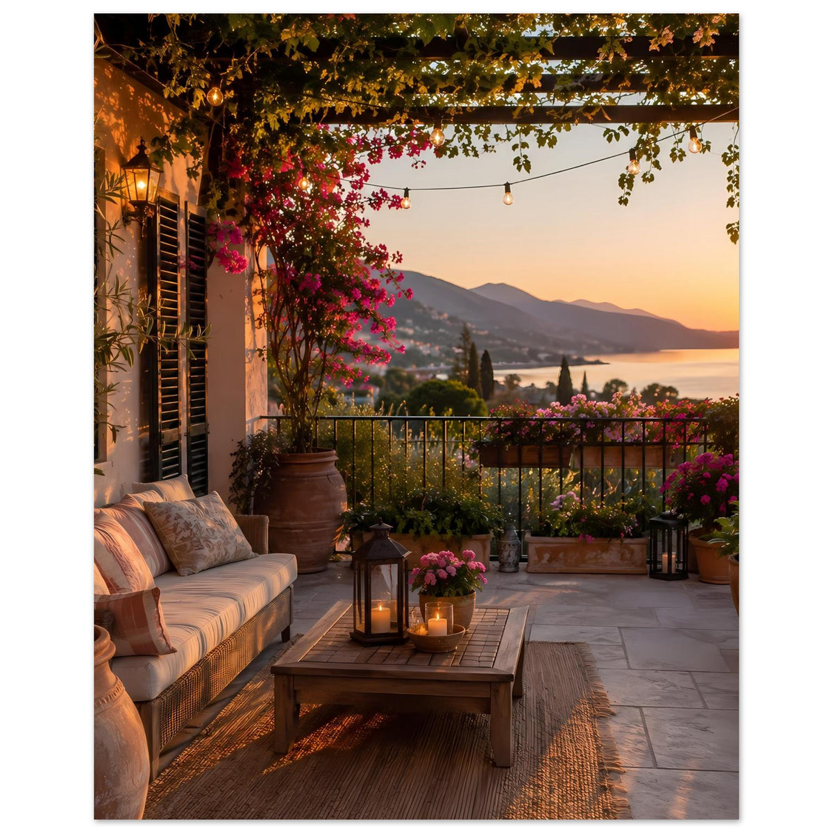 Poster: mediterraner Balkon mit Sitzbank, Tischlaterne, Blütenzweigen und Bergblick