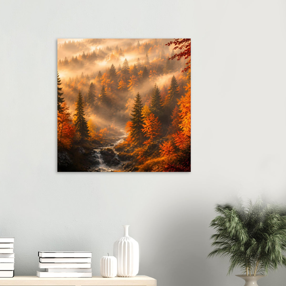 Herbstlandschafts-Poster mit Wald, goldenem Sonnenaufgang und kleinem Bach im Vordergrund