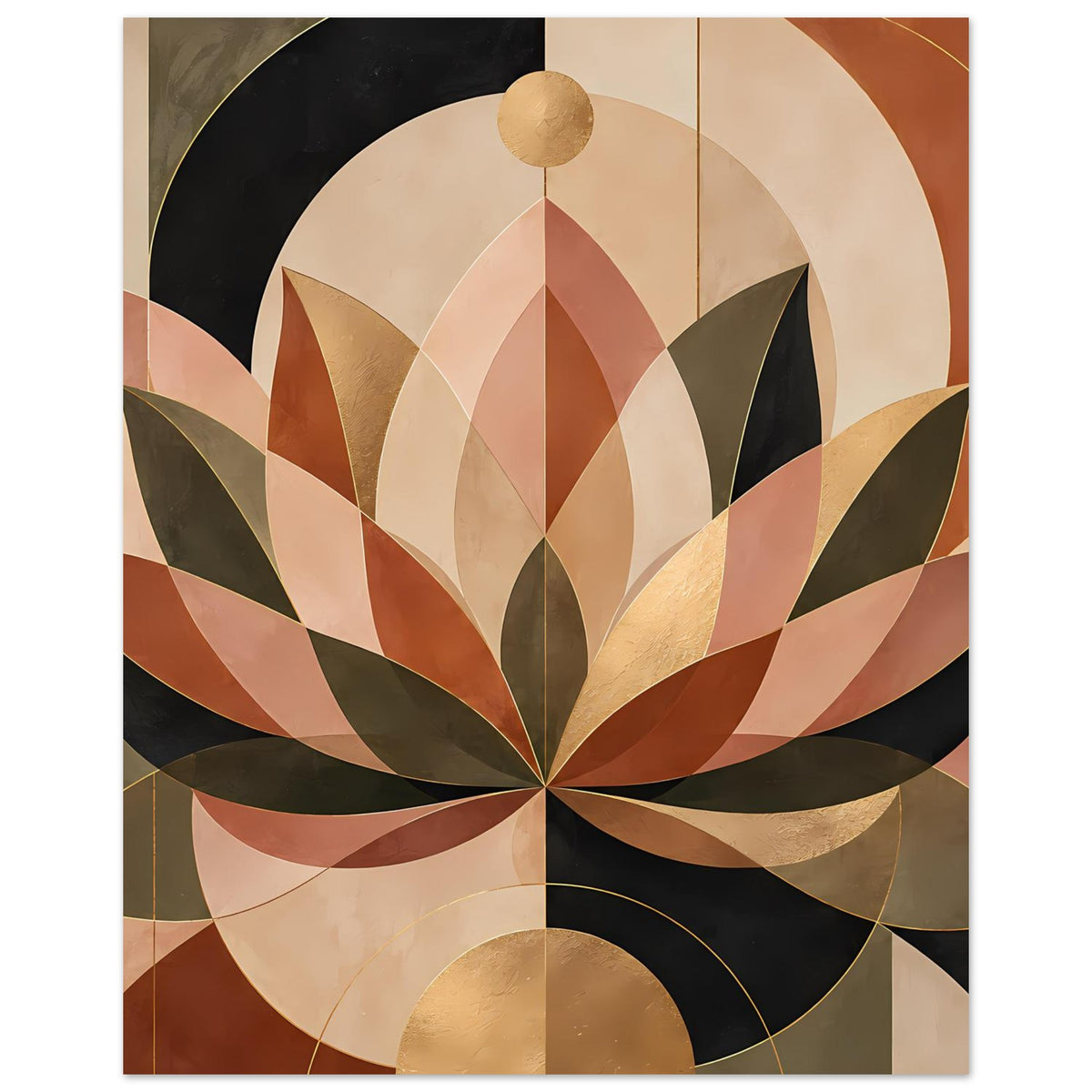 Senkrechtes geometrisches Lotusposter in warmen Erdtönen mit goldfarbenem Kreis im oberen Bereich