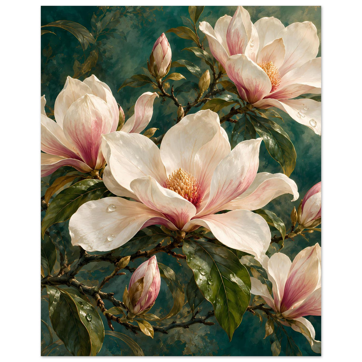 Rechteckiges Poster mit großen Creme-Magnolienblüten und rosa Knospen auf Zweigen