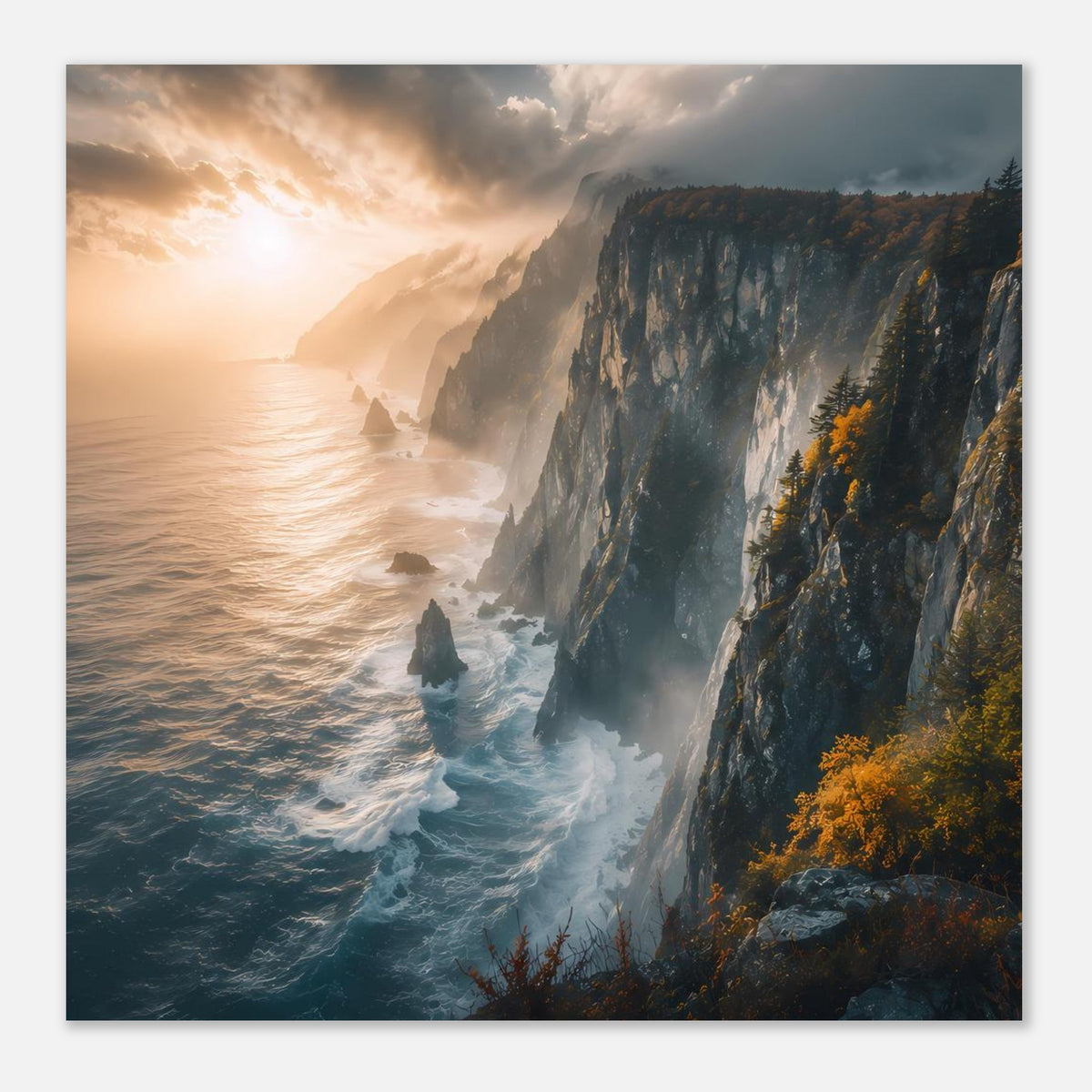 Poster im Nahblick: Meeresklippen, steiler Fels und goldener Sonnenaufgang