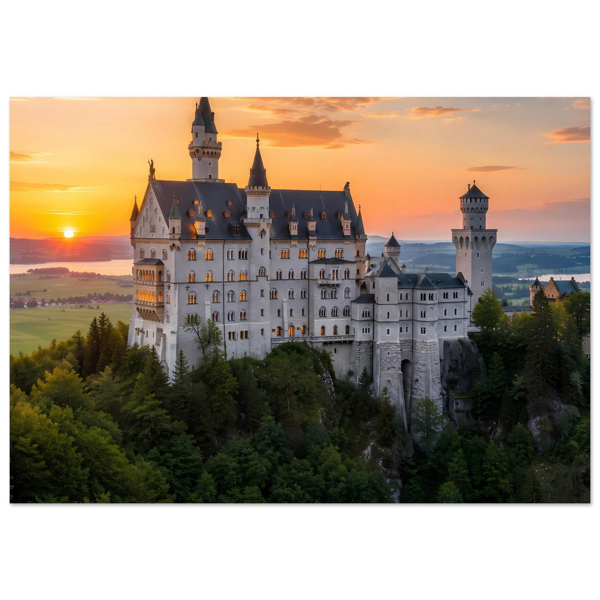 Poster mit Schlossfassade und mehreren Türmen bei Sonnenuntergang