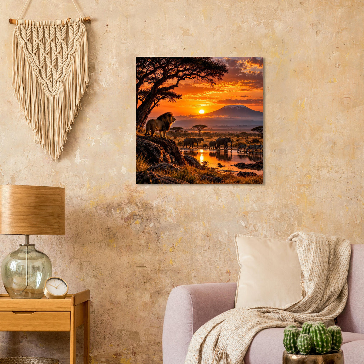 Quadratisches Poster mit Safari-Sonnenuntergang, Elefanten, Fluss und Akazienbaum