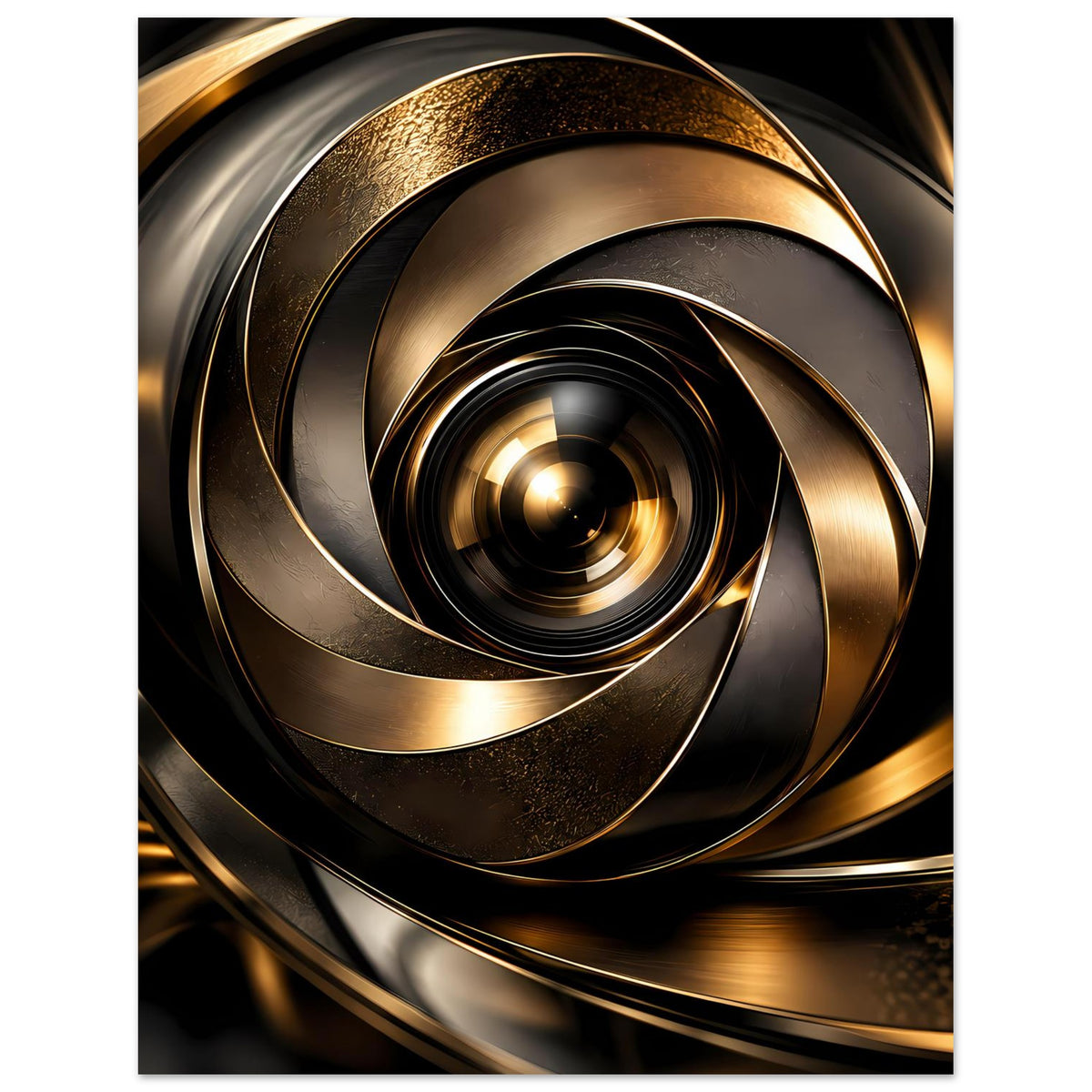 Abstraktes Poster mit zentriertem Spiralwirbel aus Gold und dunklen Ringverläufen
