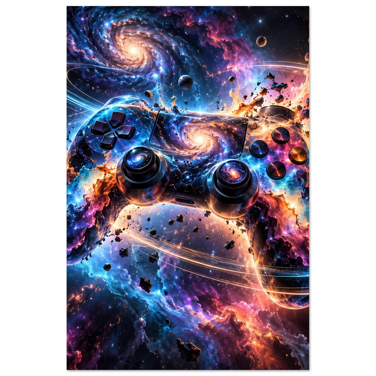 Gaming-Controller-Poster mit Galaxie-Motiv und Nebel, Controller mittig, Hochformat