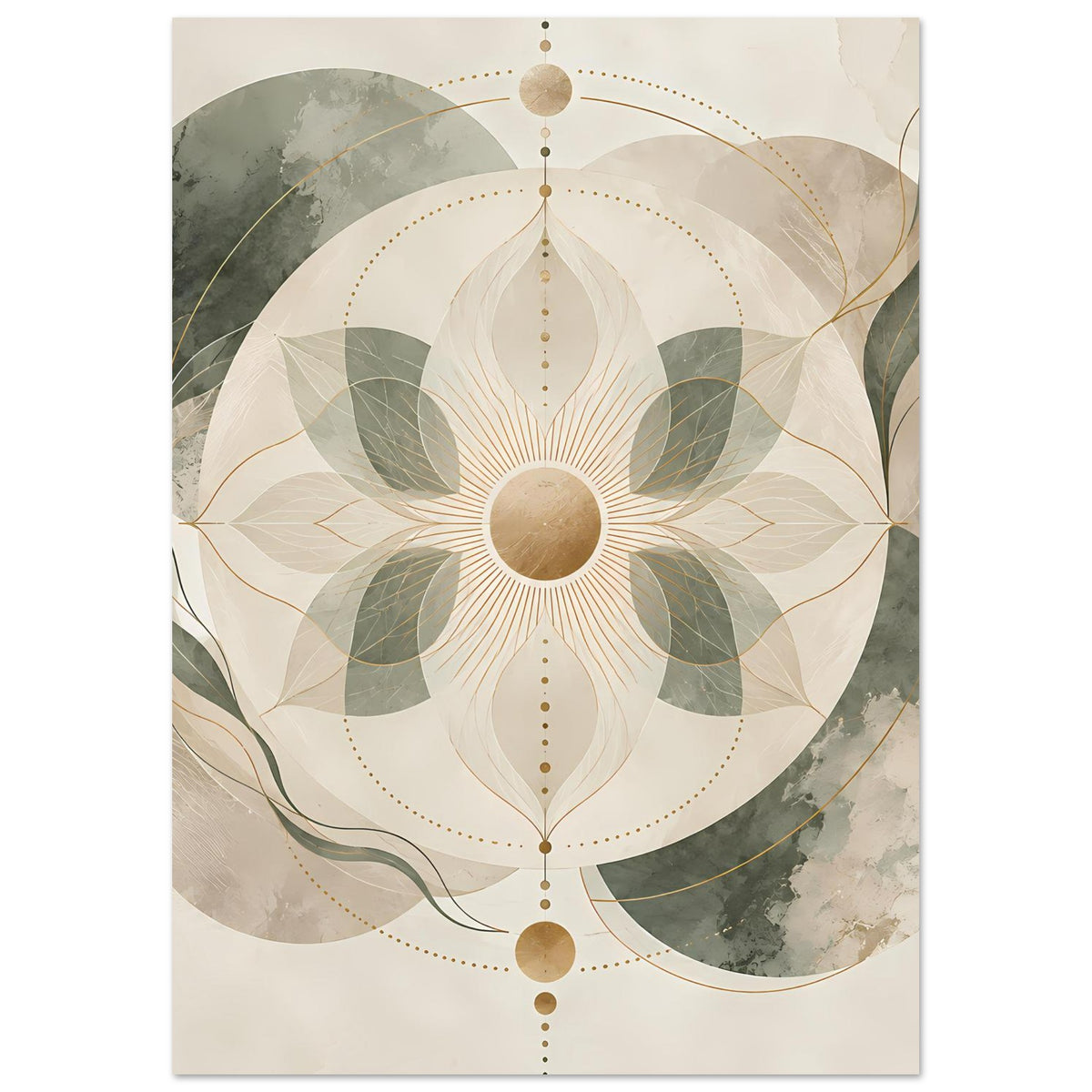 Zen-Poster mit Mandala in Beige, Grün und Gold, zartes Kreismuster mit Punktreihe mittig.