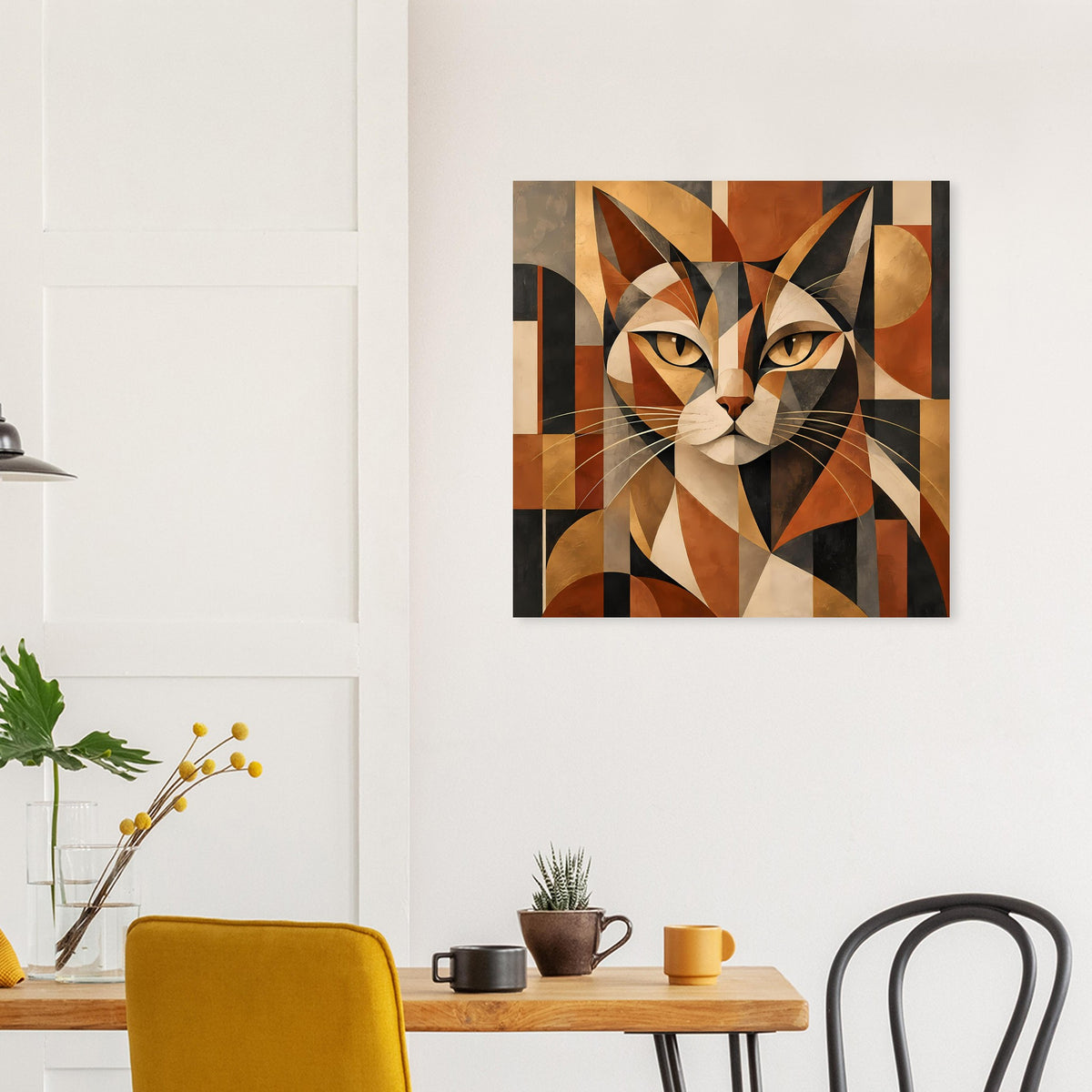 Poster mit geometrischem Katzenbild in warmen Erdtönen, zentrale Ansicht