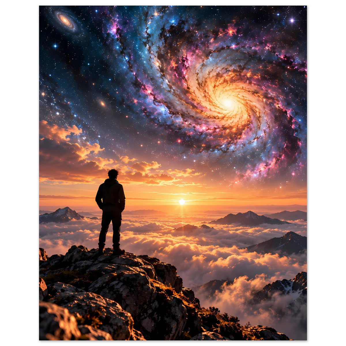 Hochformat-Poster: Silhouette auf Felsen, Spiralgalaxie und Sonnenuntergang über Bergen