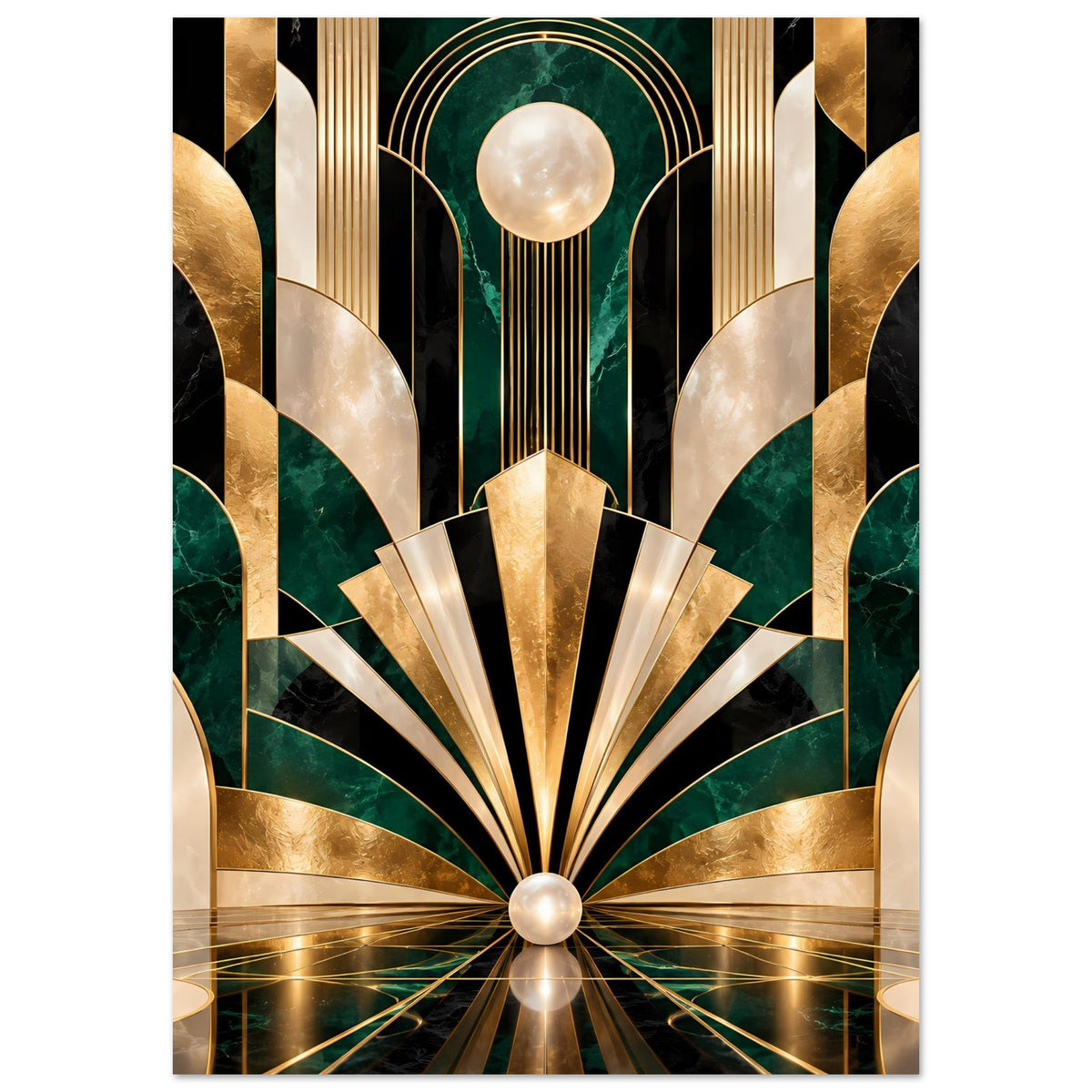 Art-Déco-Poster mit goldenen Fächern und Smaragdgrün