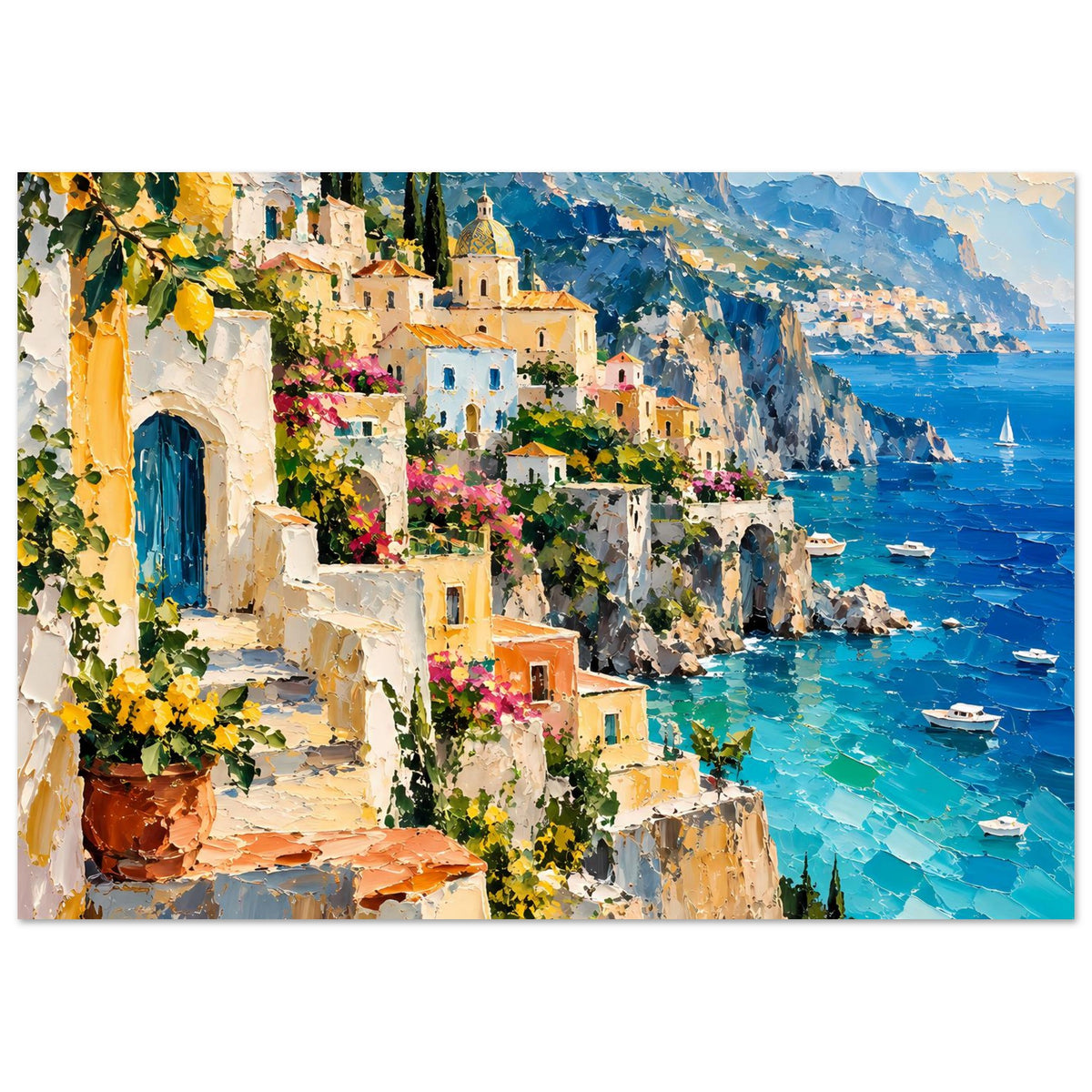 Mediterranes Küstenlandschafts-Poster: farbenfrohes Dorf an Klippen, Meer und Boote
